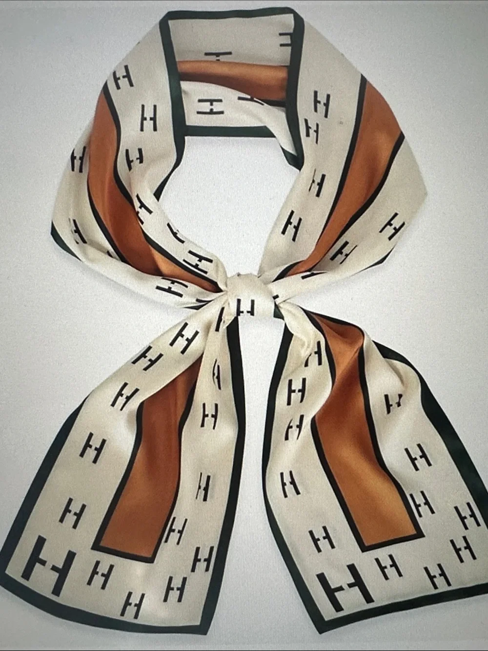 Cream and Camel Silk Scarf with H Pattern